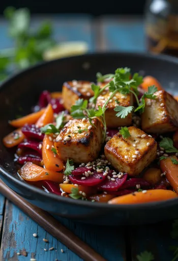 Wok de tofu grelhado com beterraba