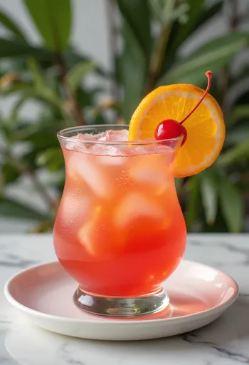 Cocktail Hurricane decorado com fatia de laranja e cereja de cocktail