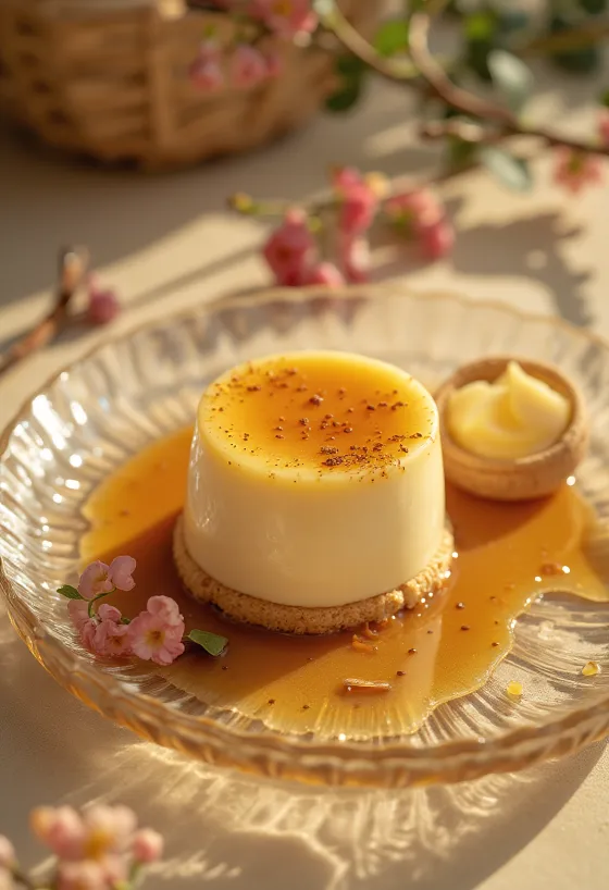 Bolo panna cotta de caramelo servido fatiado