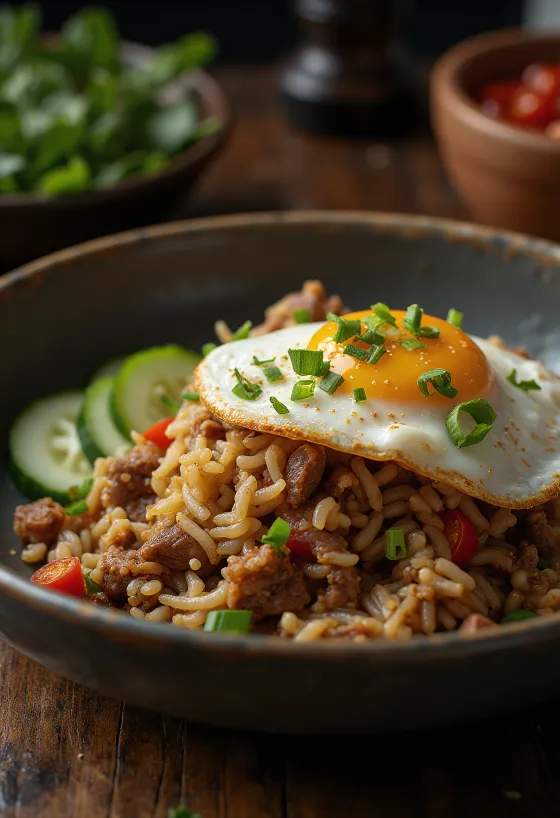 Nasi Goreng servido com carne de vaca e ovo estrelado