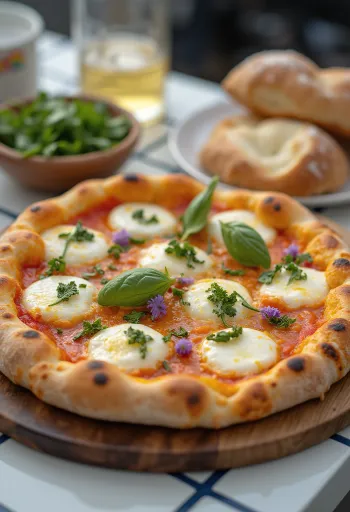 Pizza Margherita decorada com flores de manjericão roxas