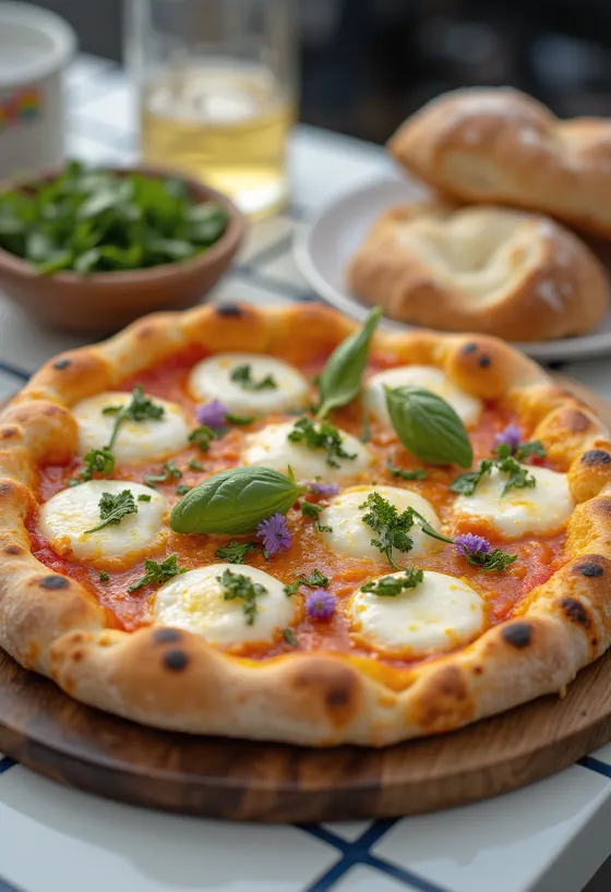 Pizza Margherita decorada com flores de manjericão roxas