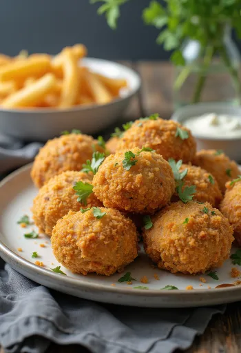 Cogumelos panados fritos até dourar em panado estaladiço, servidos com salada fresca e molho tártaro.
