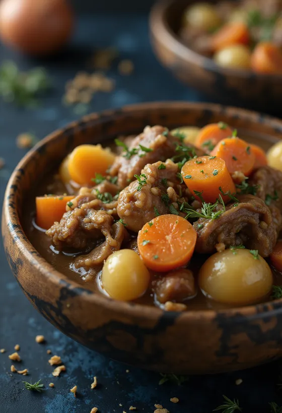 Squirrel stew servido numa tigela rústica com pão fresco.