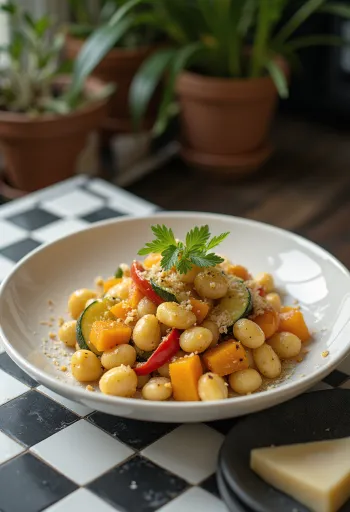 Gnocchi de abóbora com legumes servido