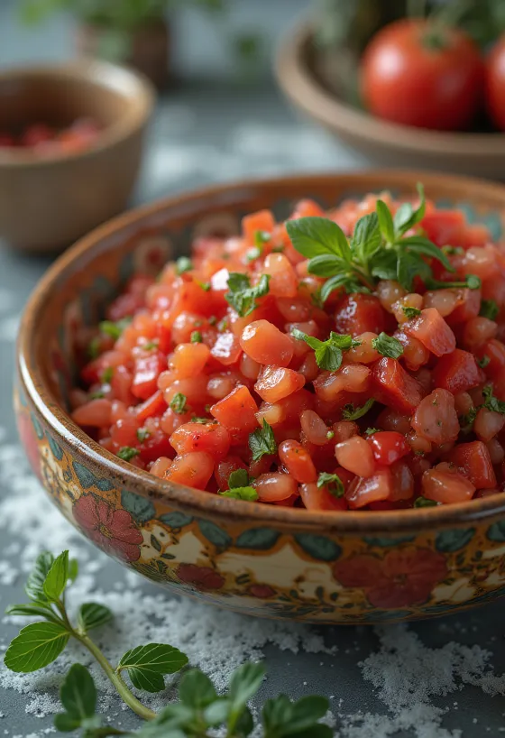 Salada de tomate turca picada finamente em prato tradicional