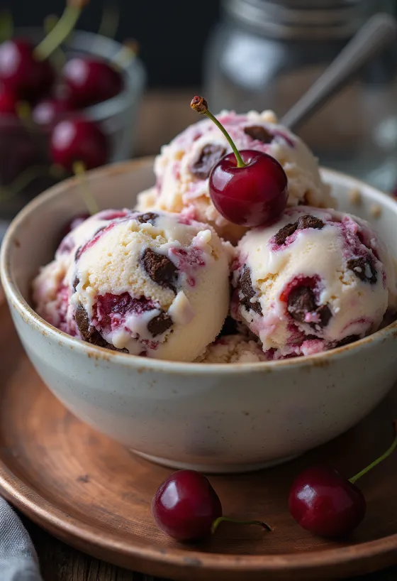Gelado Cherry Garcia servido com cerejas e pedaços de chocolate
