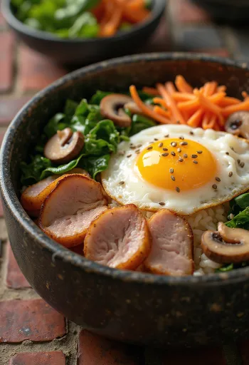 Tigela de Bibimbap com carne de porco e ovo