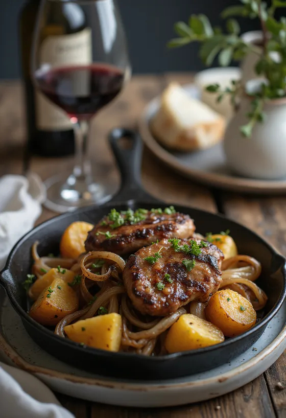 Fígado de frango com batatas aceboladas servido com salsa