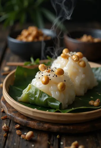 Zongzi de amendoim, prato asiático servido com folhas frescas