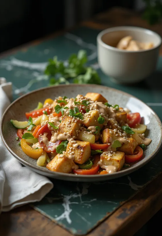 Wok de tofu grelhado com tahini
