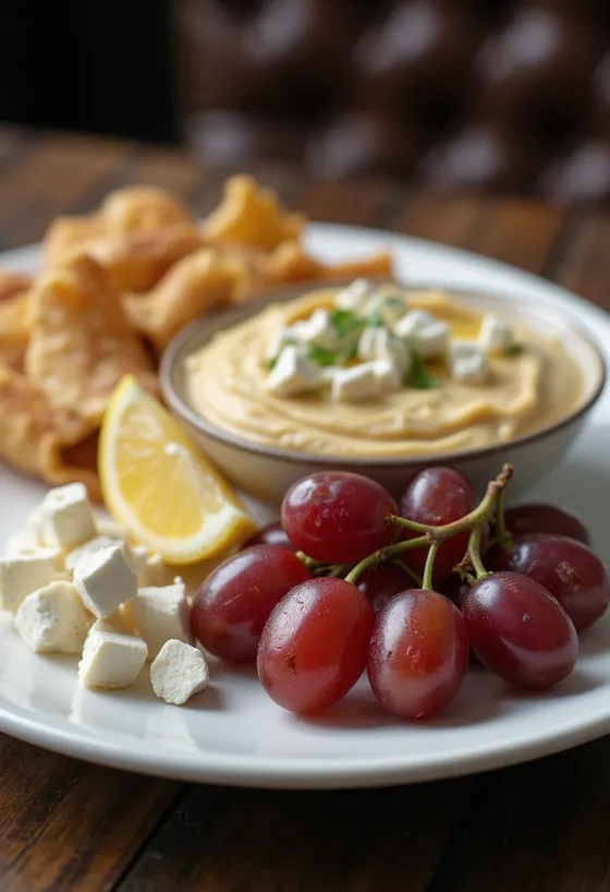 Prato de meze fresco servido com dolma, húmus, queijo feta e legumes