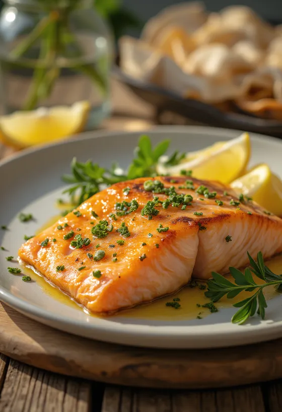 Filete de salmão assado, com pele estaladiça e decorado com fatias de limão