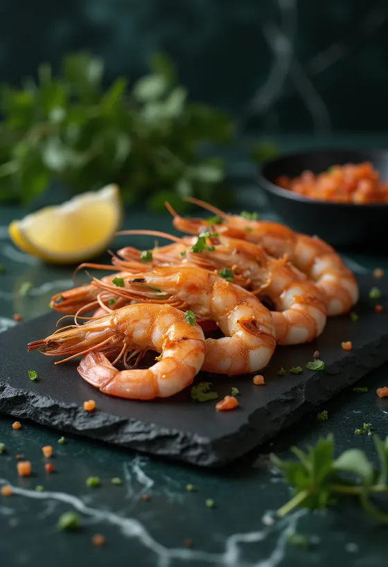 Camarão fumado BBQ com especiarias frescas