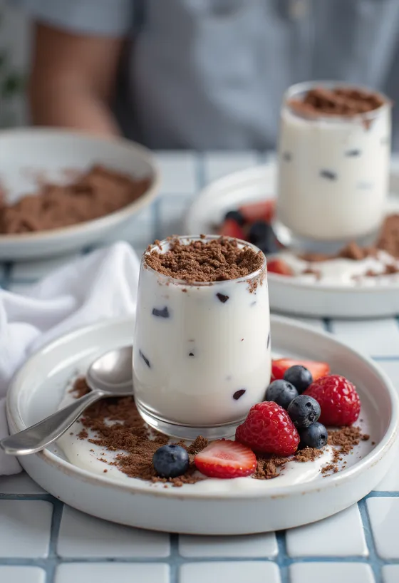 Panna cotta com pepitas de chocolate em copo