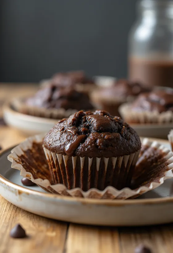 Muffin de chocolate dourado, servido com pedaços de chocolate