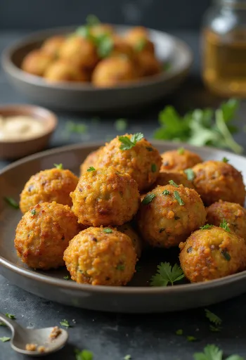 Falafel com exterior dourado e estaladiço, polvilhado com ervas frescas