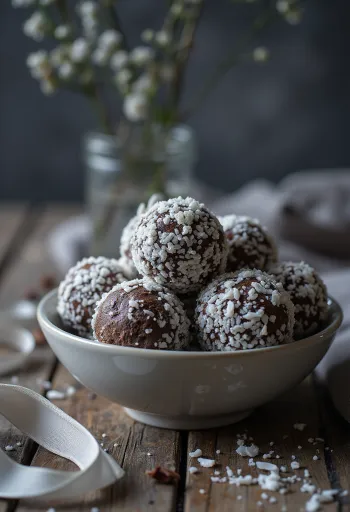 Bolas de chocolate nevadas envolvidas em coco ralado
