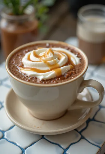 Chocolate quente com caramelo decorado com natas e fio de molho de caramelo