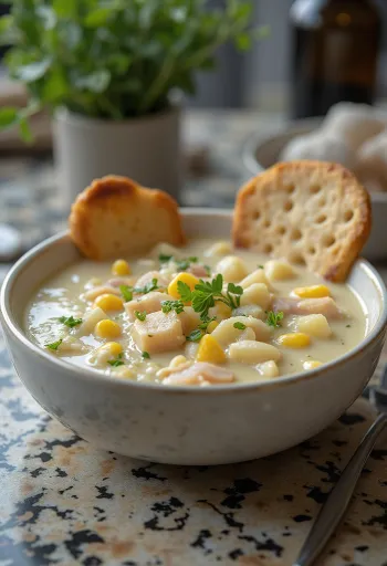 Chowder clássico cremoso servido com peixe fumado e milho