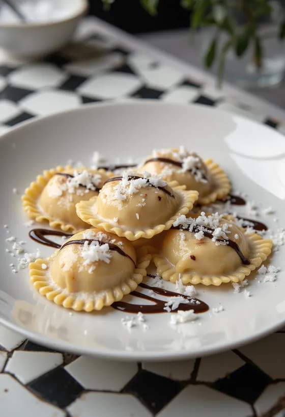 Ravioli de Nutella e coco servido