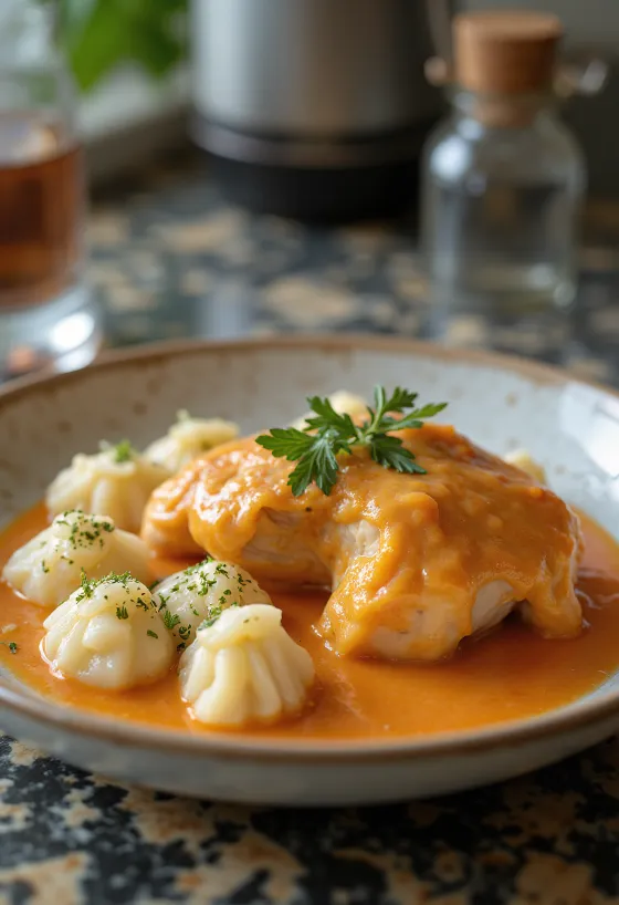 Frango com paprika e galuska de queijo de ovelha, prato tradicional húngaro