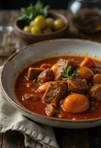Pörkölt com cubos de carne suculentos, servido num molho picante de colorau
