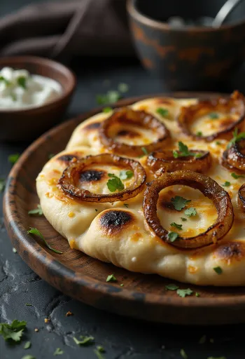 Pão naan de cebola assada em apresentação rústica