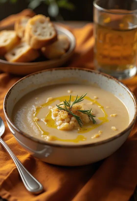 Sopa Açorda servida com azeite e alho, com salsa fresca