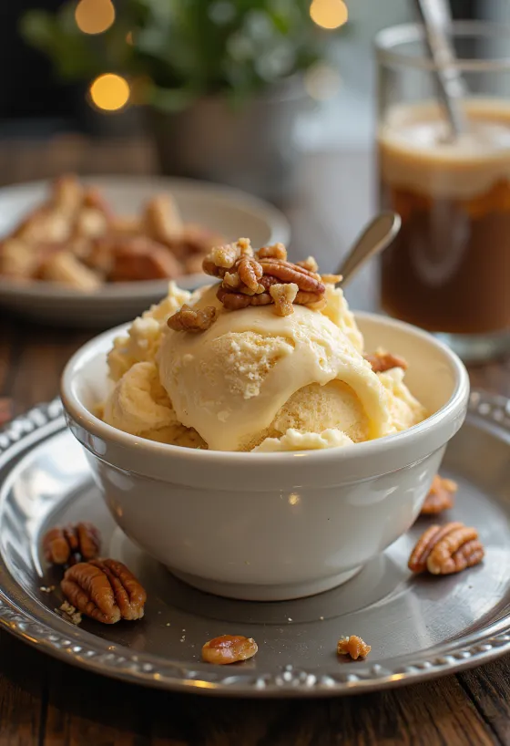 Gelado de baunilha e noz-pecã servido