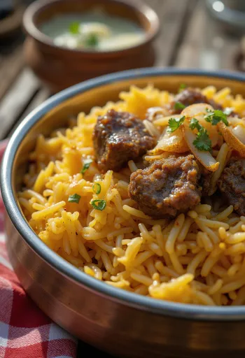 Biryani de cabra servido com arroz colorido