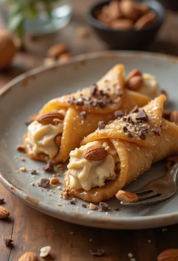 Cannoli com recheio de caramelo, recheio fresco de mascarpone, decorado com amêndoa e chocolate