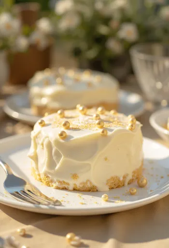 Bolo brilhante com cobertura de pasta de açúcar branca e decoração dourada