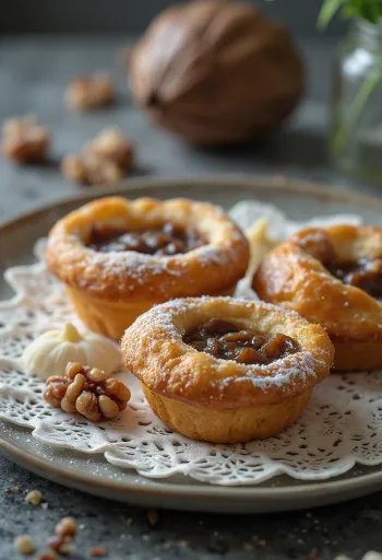 Cestinhos de noz dourados, polvilhados com açúcar em pó