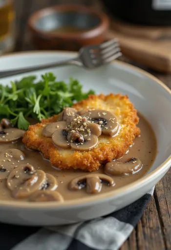 Jägerschnitzel servido com molho de cogumelos e salsa