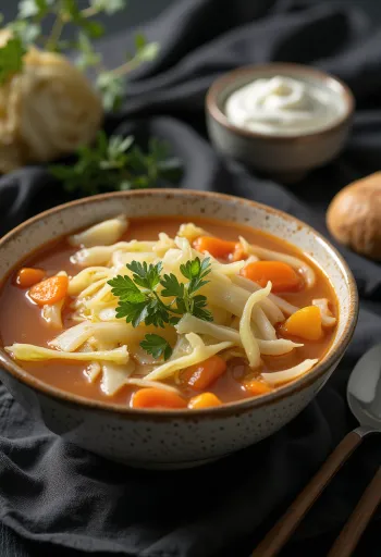 Sopa de couve fumegante rica em legumes e especiarias, decorada com endro fresco.