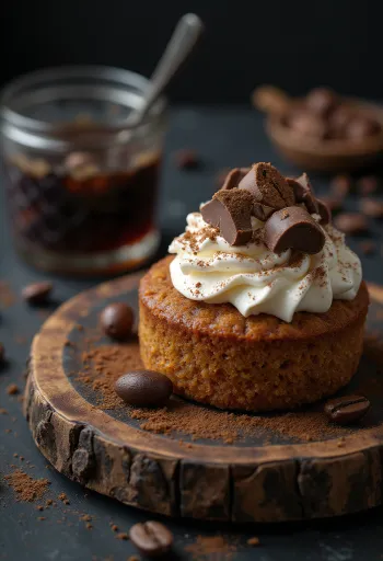 Bolo de café e castanha servido com cacau em pó e raspas de chocolate