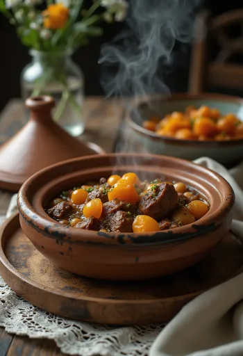 Prato de tagine marroquino servido em recipiente de barro, decorado com especiarias ricas e vegetais coloridos.