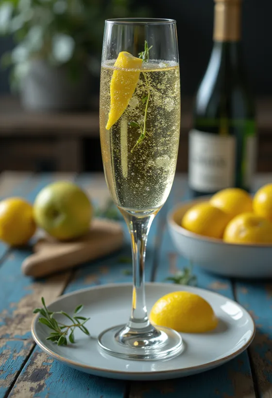 Sidra italiana de prosecco em copo decorado com ramo de alecrim