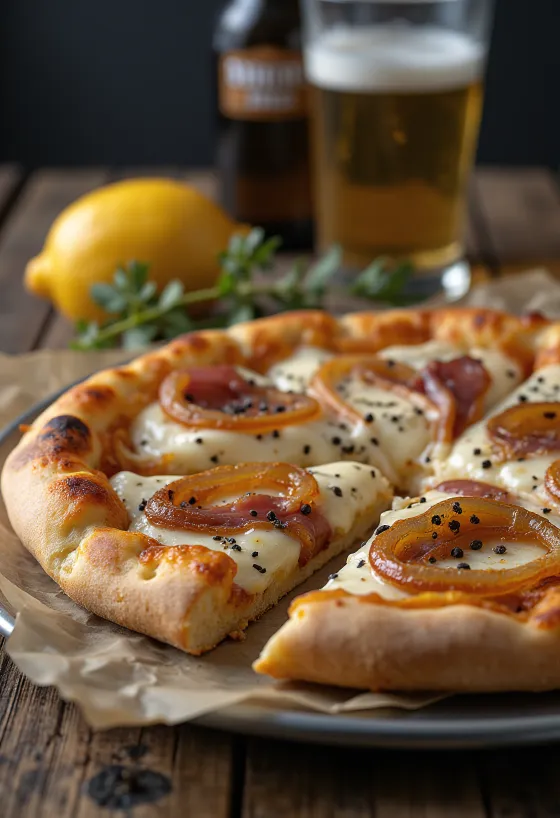 Pizza Alsacienne com natas azedas, cebola e bacon