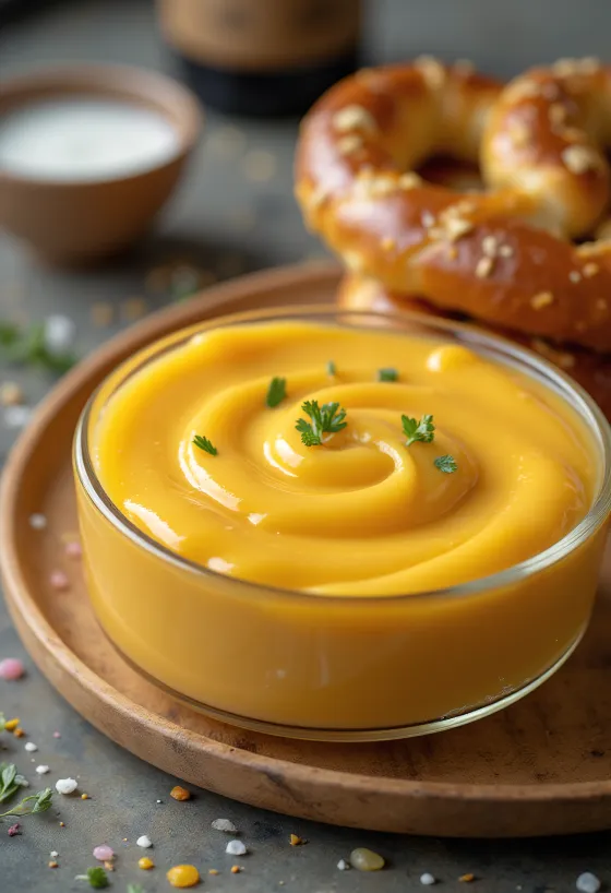 Molho de queijo cheddar com cerveja numa tigela, decorado com salsa fresca, ao lado de nachos.