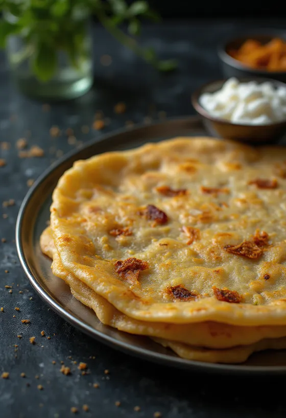 Adai dosa acabada de fazer, frita estaladiça, servida com recheio condimentado