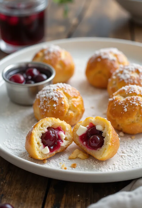 Æbleskiver esféricos dourados recheados com arandos e queijo feta