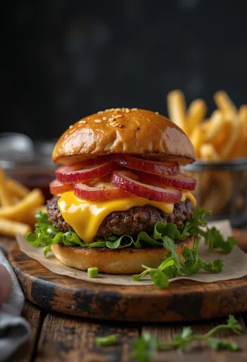 Hambúrguer de bisonte com queijo e batatas fritas