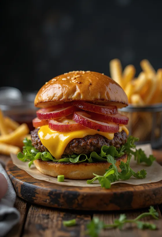 Hambúrguer de bisonte com queijo e batatas fritas