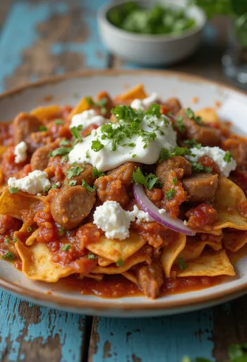 Chilaquiles com longaniza, servido com coentros frescos, natas azedas e queijo