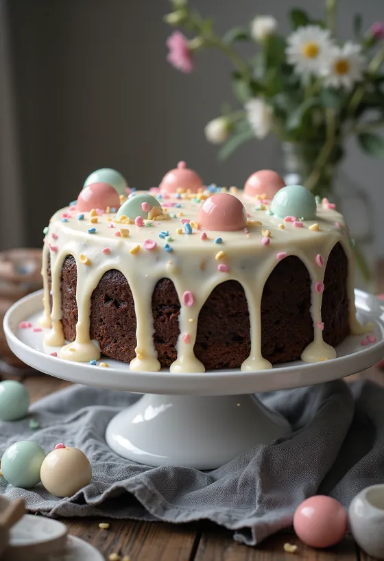 Bolo de chocolate às bolinhas com creme branco e bolinhas comestíveis