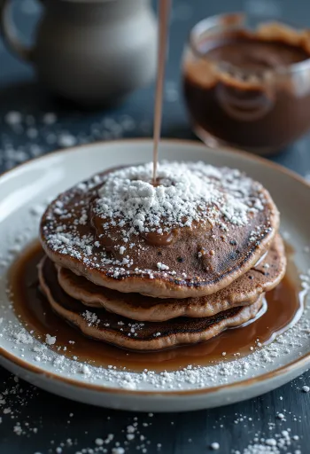 Crepes de cacau polvilhados com açúcar em pó, servidos num prato
