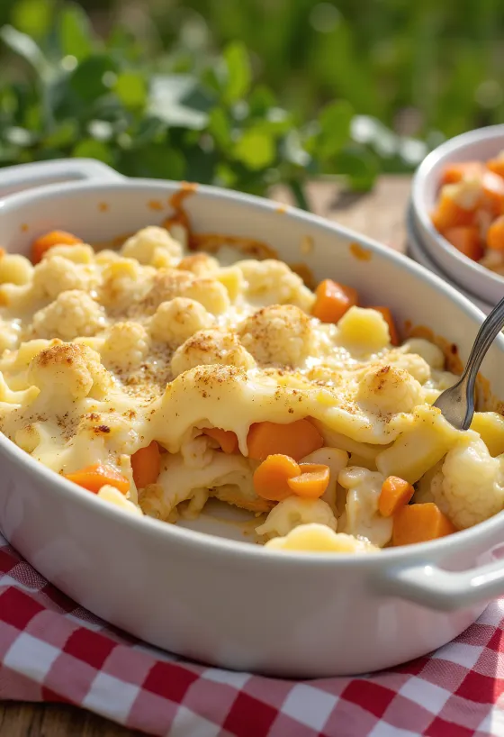 Gratinado de couve-flor e legumes servido