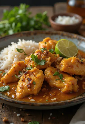 Rendang ayam servido com coentros frescos e acompanhamento